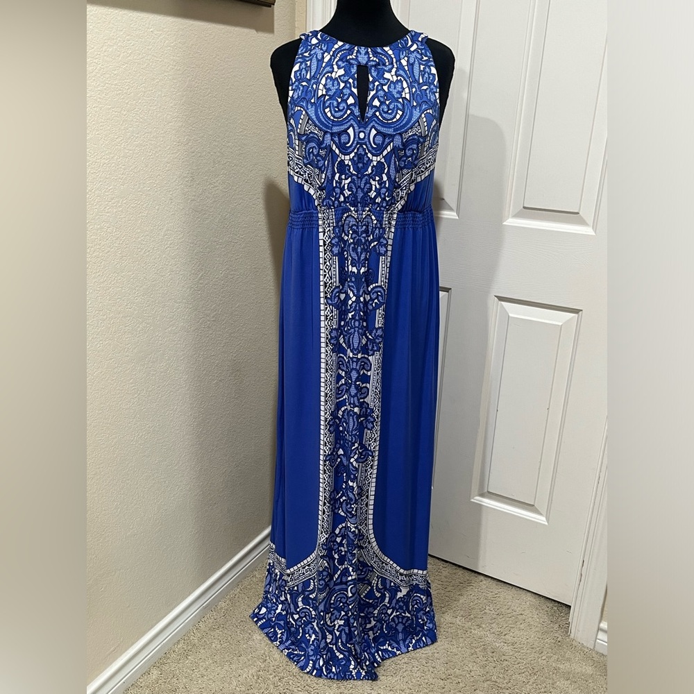 SOMA INTIMATE MAXI HALTER DRESS Blue and White ABSTRACT FLORAL PRINT SIZE L - Picture 3 of 12